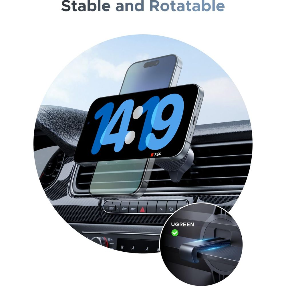 Uchwyt na telefon z iPhonem jest zamontowany na kratce nawiewu samochodu. Wyświetlana jest godzina 14:19.