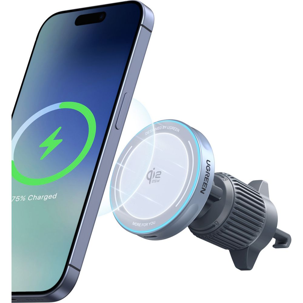 Smartfon ładuje się bezprzewodowo z szarej ładowarki.