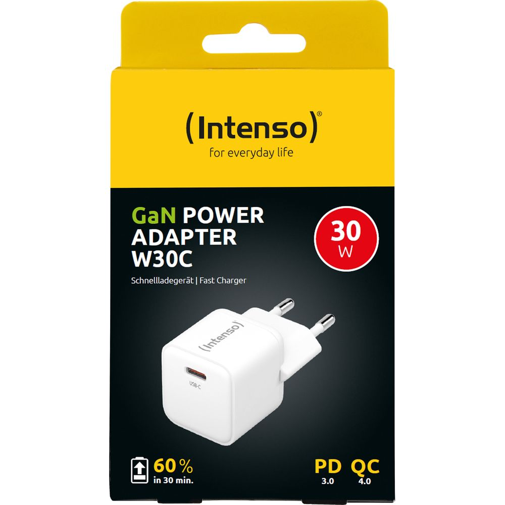 Adattatore Intenso GaN W30C, caricatore rapido 30W, bianco, con USB-C, indicatore carica.
