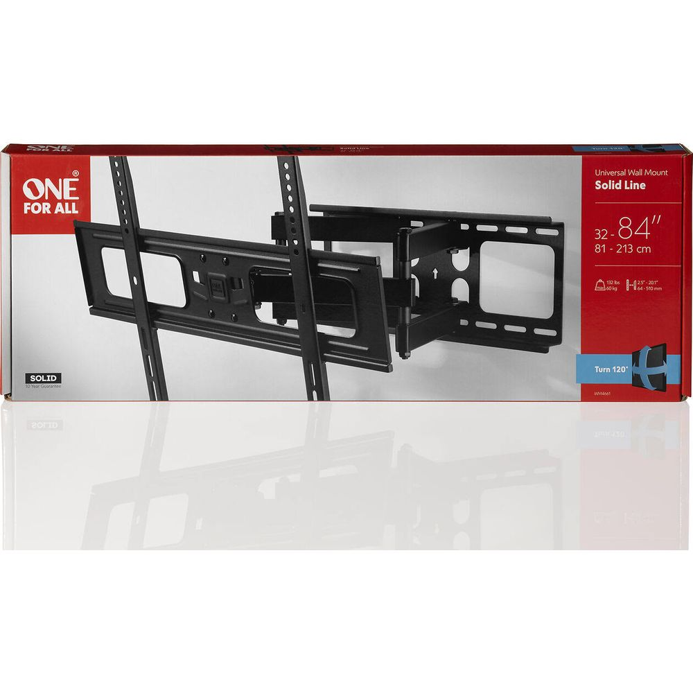 Black universal TV wall mount for 32-84 inch TVs on a red box.