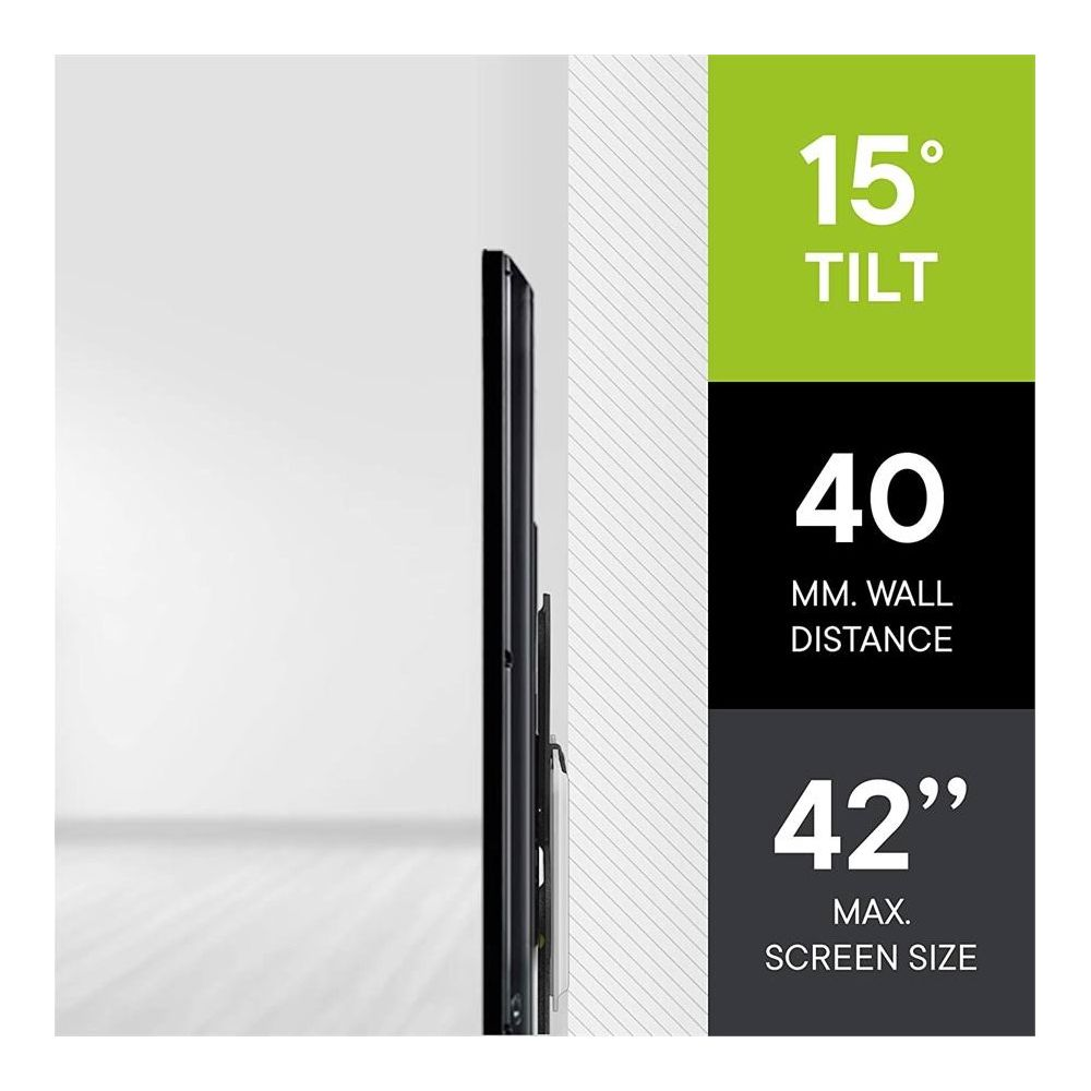 Zwarte flatscreen tv aan muurbeugel. 15° kantelbaar, 40mm wandafstand, max. 42".