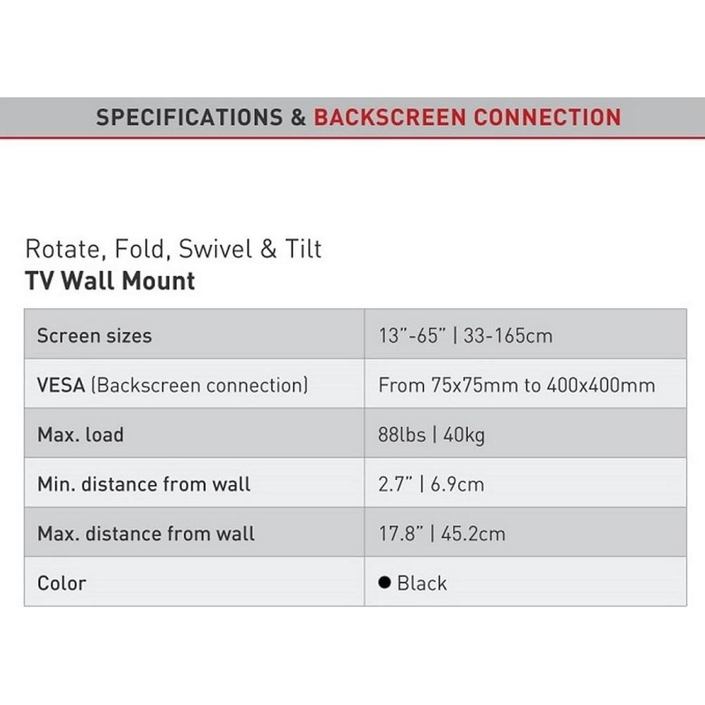 Spezifikationen einer schwarzen TV-Wandhalterung für 13-65" Bildschirme.