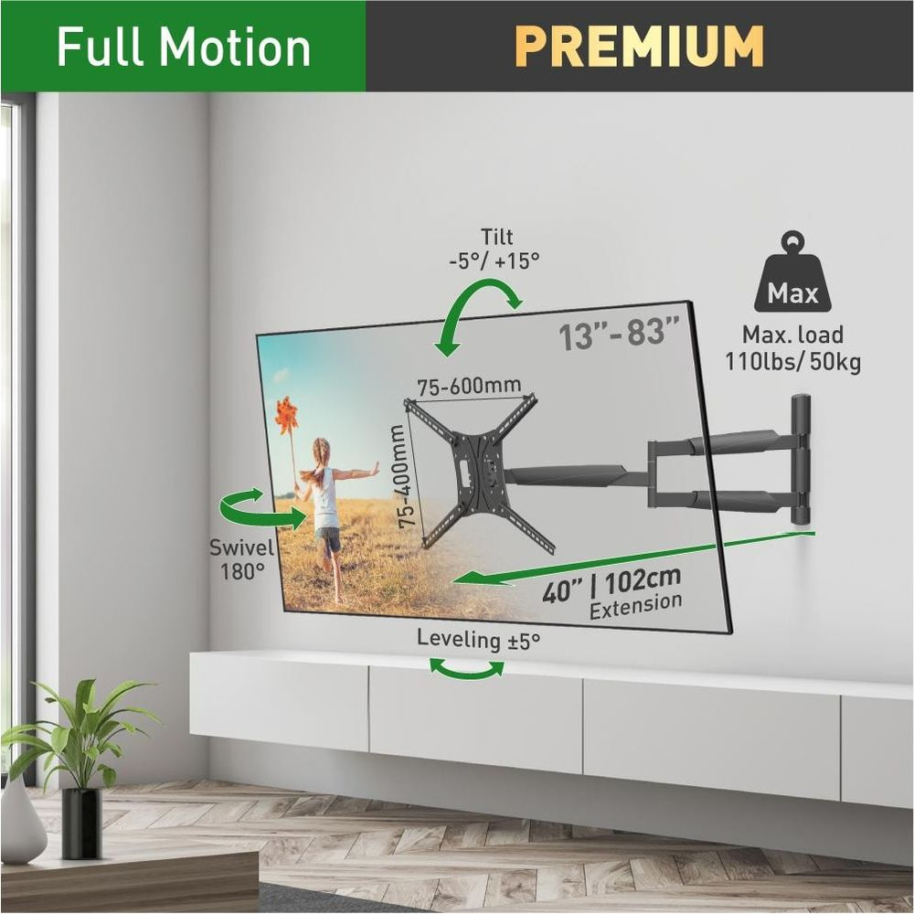 A TV mount system showing tilt, swivel, and leveling specifications.