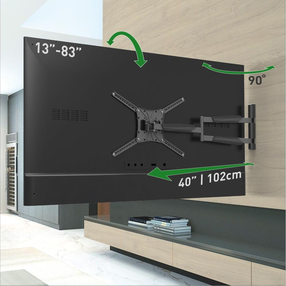 Black TV on wall mount with labels for size and angle.