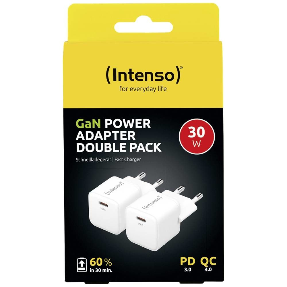 Verpackung für zwei weiße Intenso GaN 30W Power-Adapter mit Schnellladefunktion.