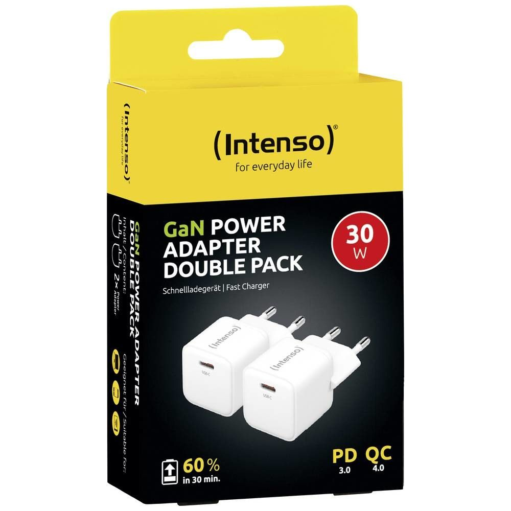 Intenso GaN Power Adapter Doppelpack, weiß, 30W, mit zwei USB-C Anschlüssen.