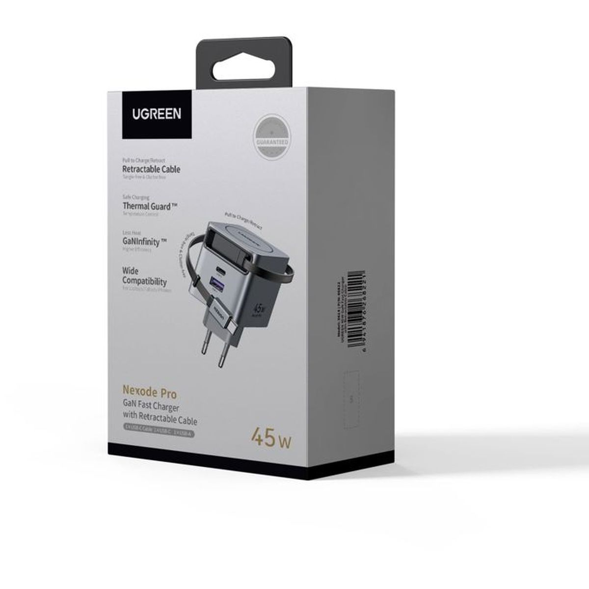 Ładowarka UGREEN Nexode Pro 45W GaN z chowanym kablem, szaro-srebrna.