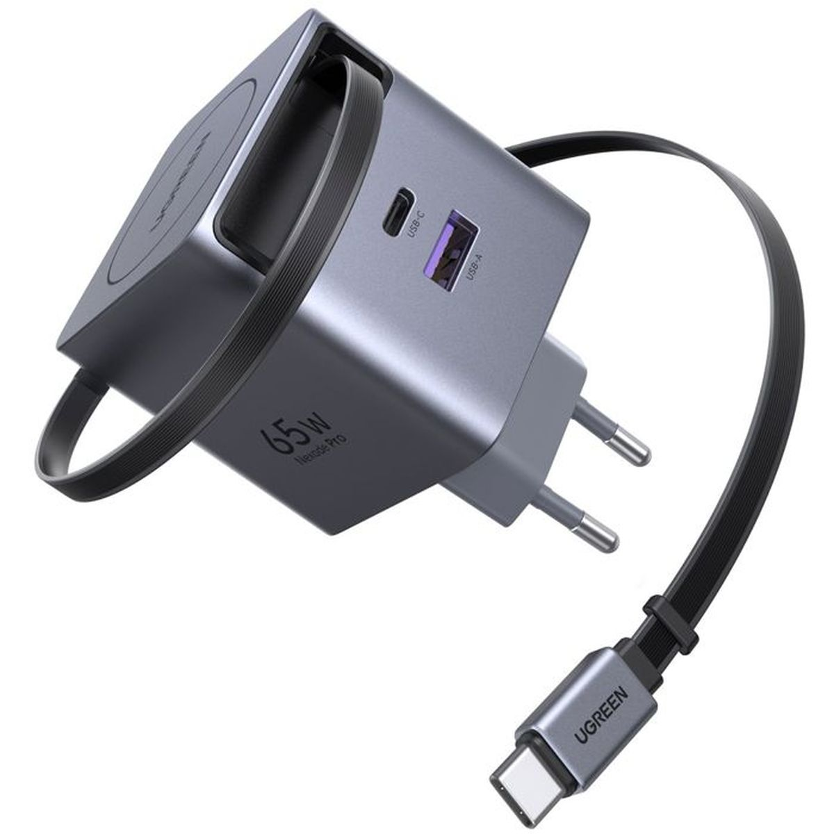 Szara ładowarka USB-C 65W z jednym portem USB-A i jednym USB-C.