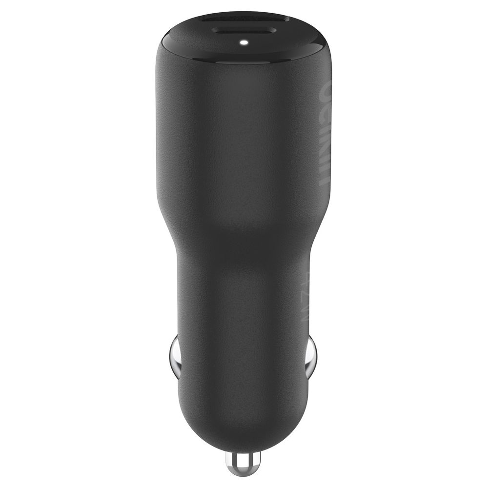 Adattatore USB per auto nero con una piccola luce bianca in cima.