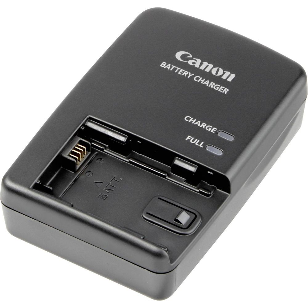 Schwarzes Canon Ladegerät für Akkus mit Ladeanzeigen.