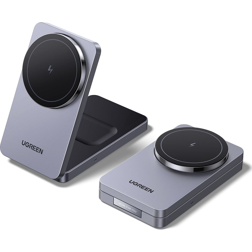 Dwa szare ładowarki UGREEN na białym tle. Jedna stoi, druga leży płasko.