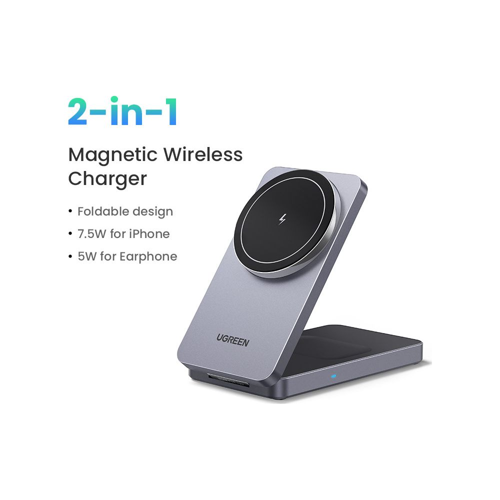 Szary, składany, magnetyczny, bezprzewodowy stojak ładujący 2 w 1 z czarnym kółkiem.