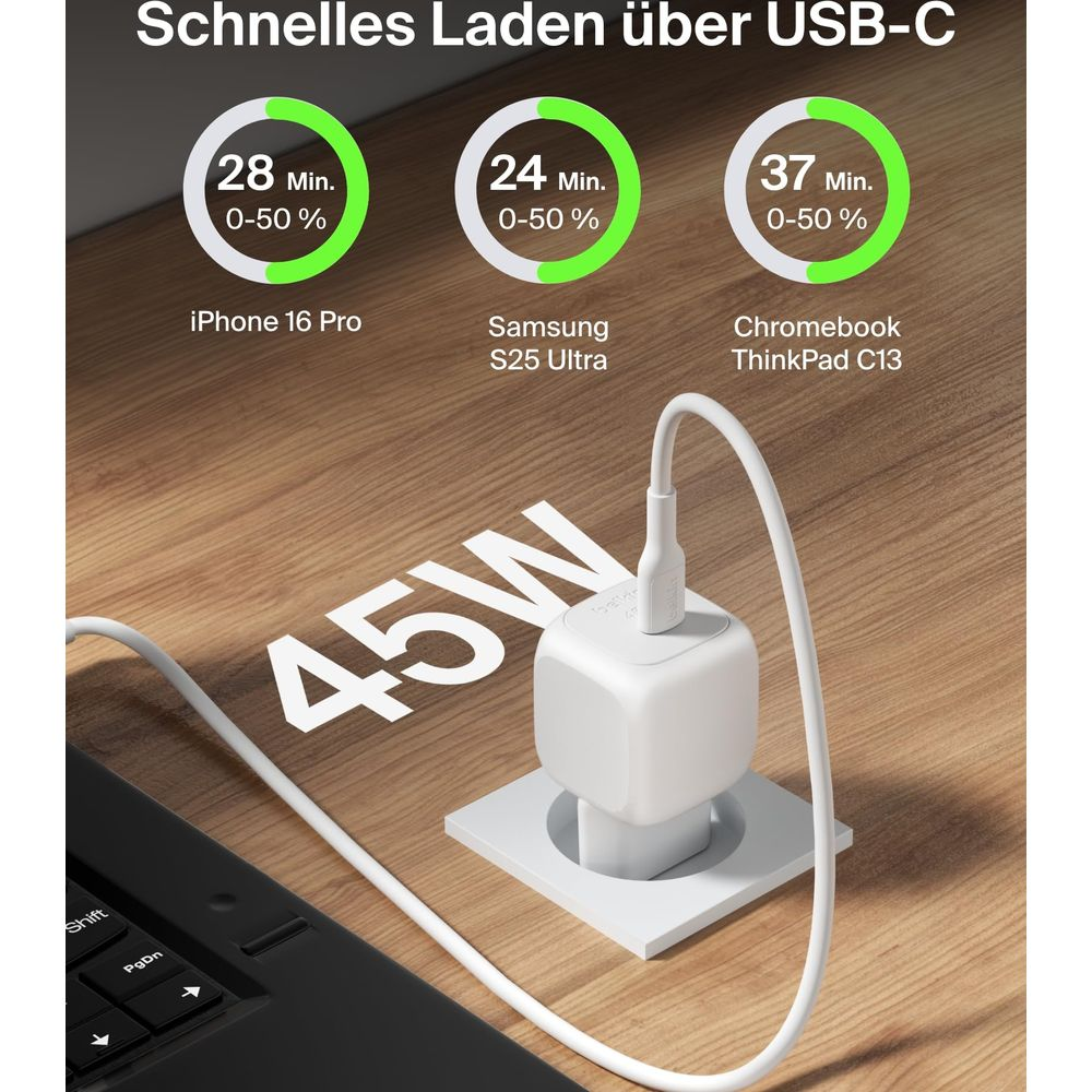 Caricatore USB-C da 45W con tempi di ricarica per iPhone, Samsung, Chromebook.