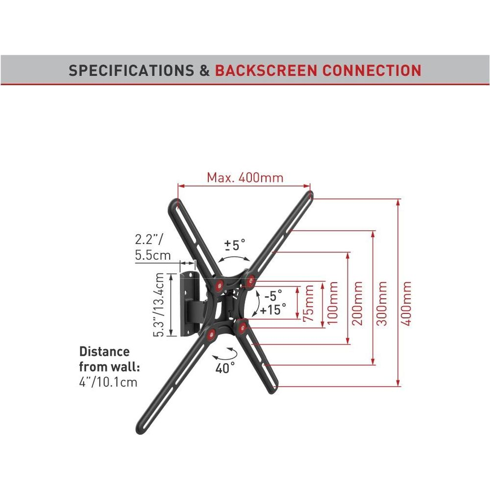Technische Daten: Wandabstand 4 Zoll, VESA bis 400mm, Neigung ±5°, ±5°/+15°.