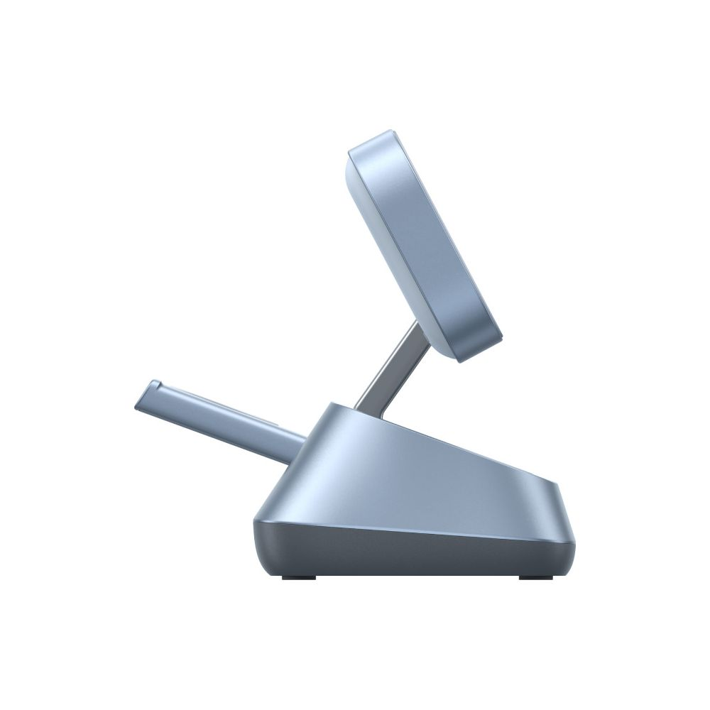 Niebieski stojak z nachyloną ekranem i drążkiem.