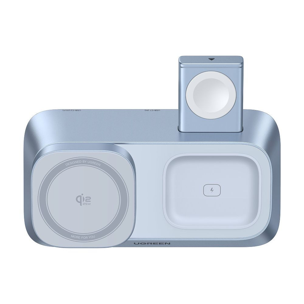 Niebieska podstawka ładująca do zegarka i telefonu z dwoma padami.