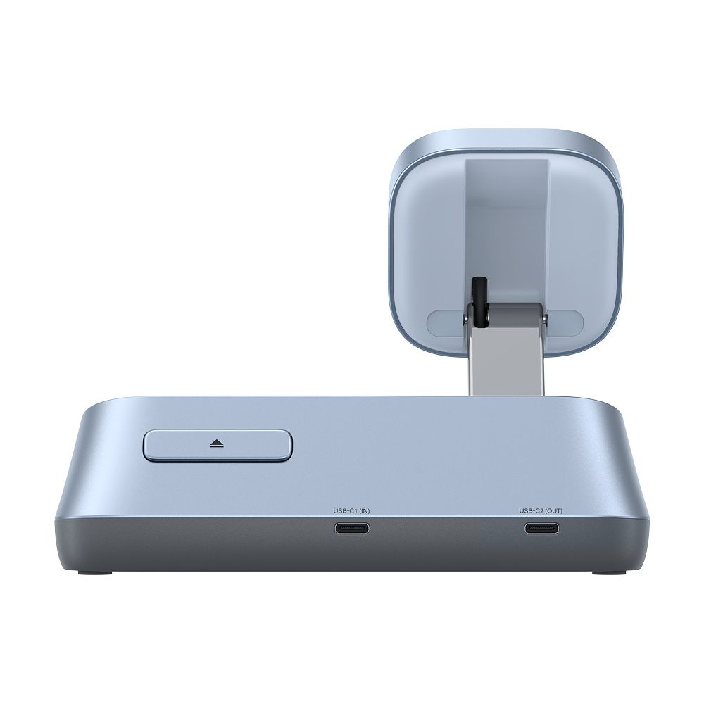 Niebieska stacja dokująca z portami USB-C i podstawką na urządzenie.