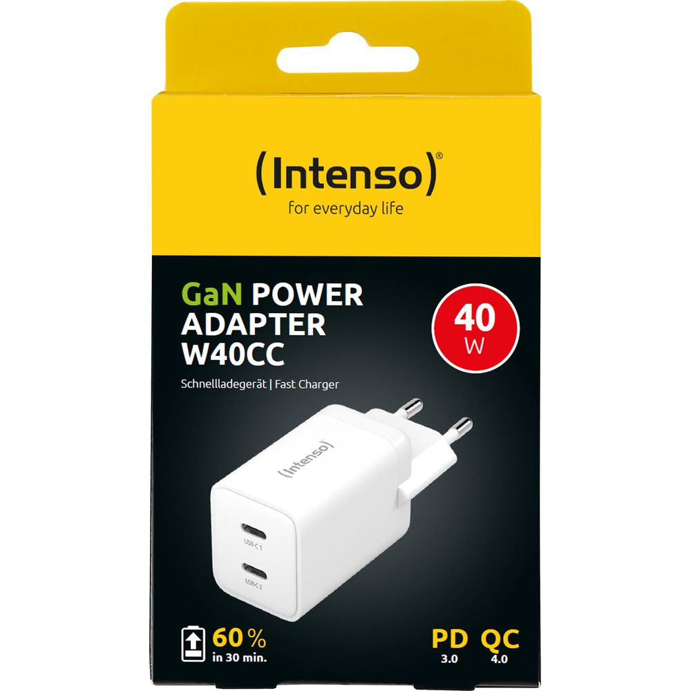Verpackung eines weißen Intenso GaN Power Adapters W40CC mit 40W Ladeleistung.
