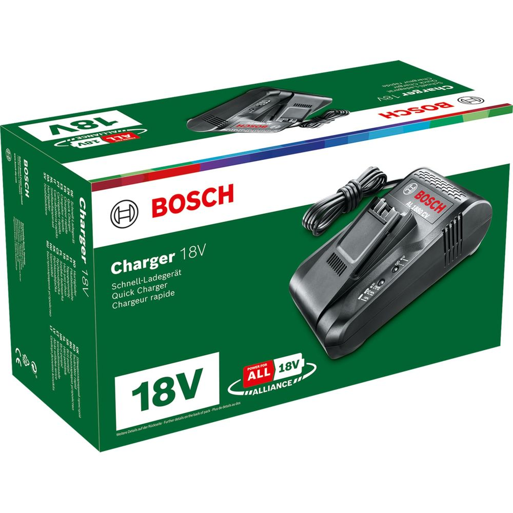 Caricabatterie rapido Bosch 18V con cavo e spia su confezione verde.