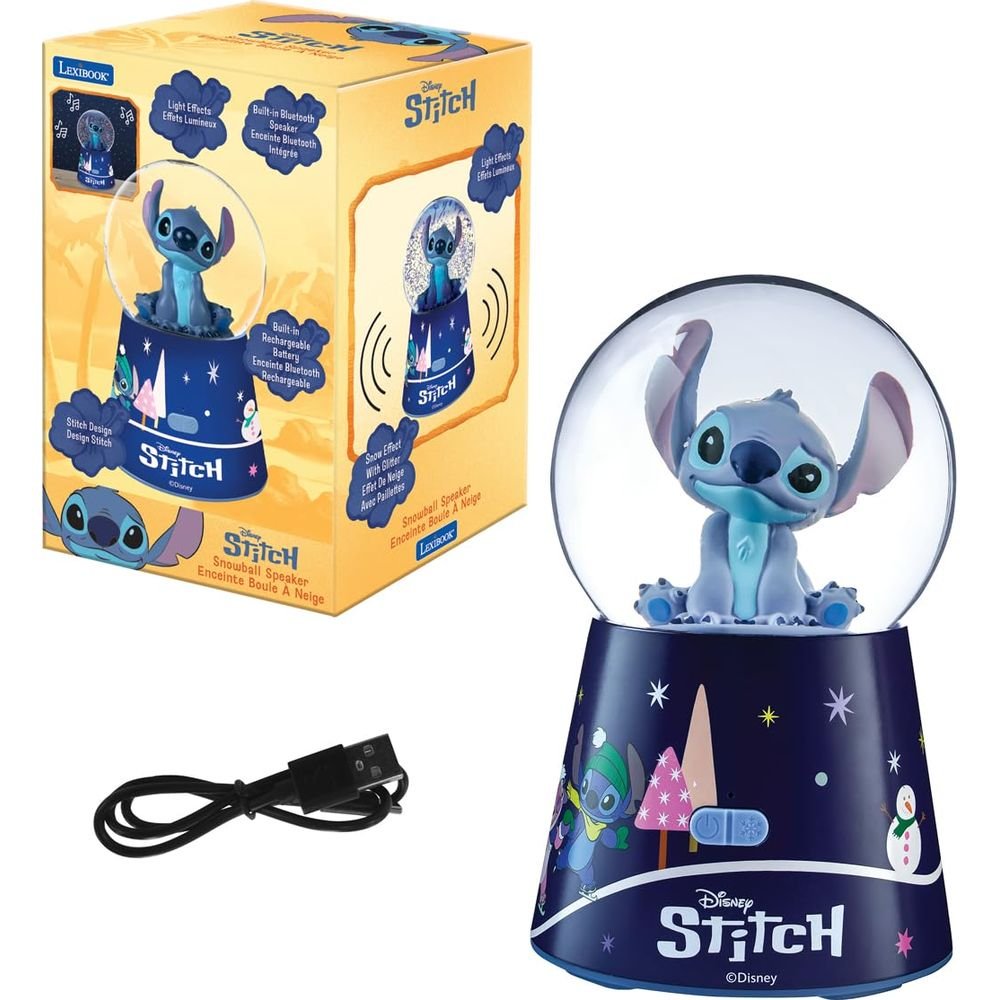 Un altoparlante a palla di neve Stitch con Bluetooth ed effetti luminosi, accanto alla sua confezione.