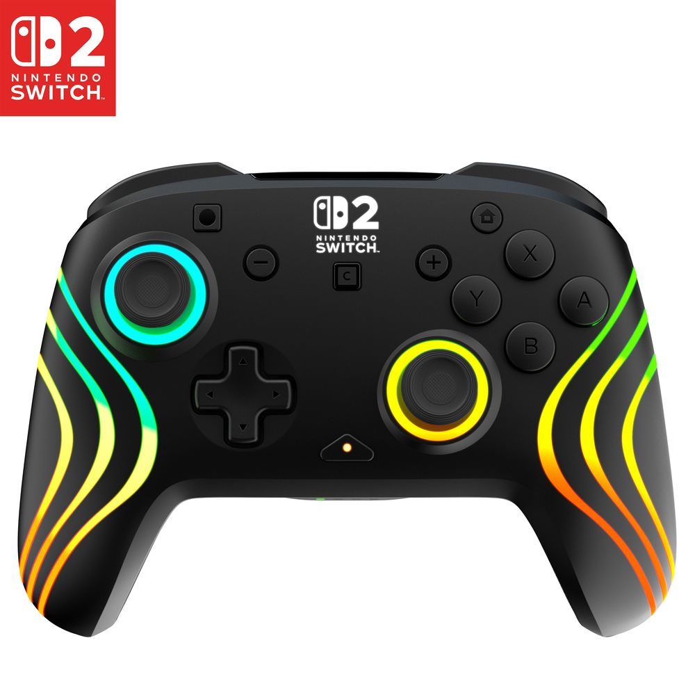 Controller nero Nintendo Switch con accenti luminosi colorati e pulsanti.