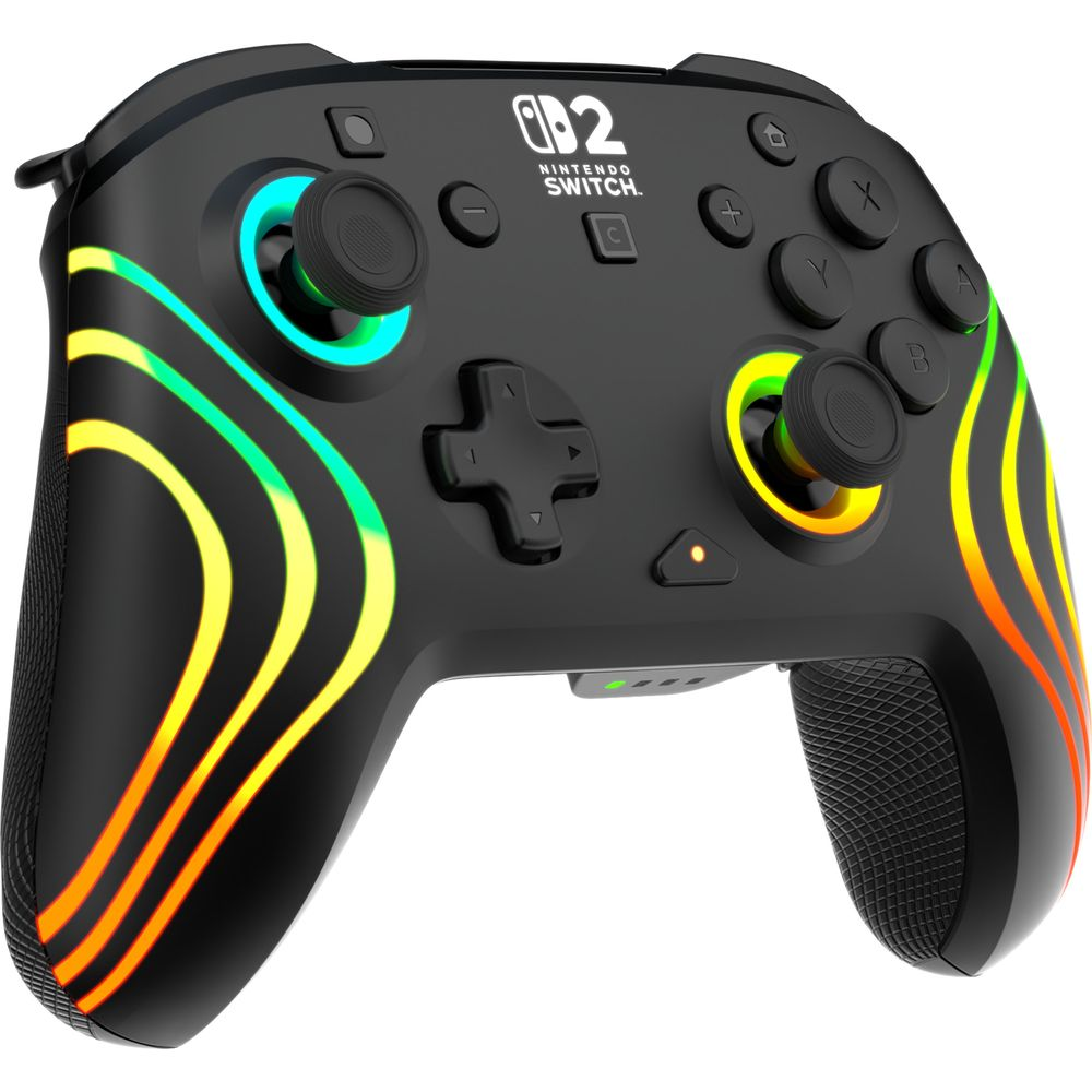 Controller nero Nintendo Switch con archi luminosi colorati sulle impugnature.