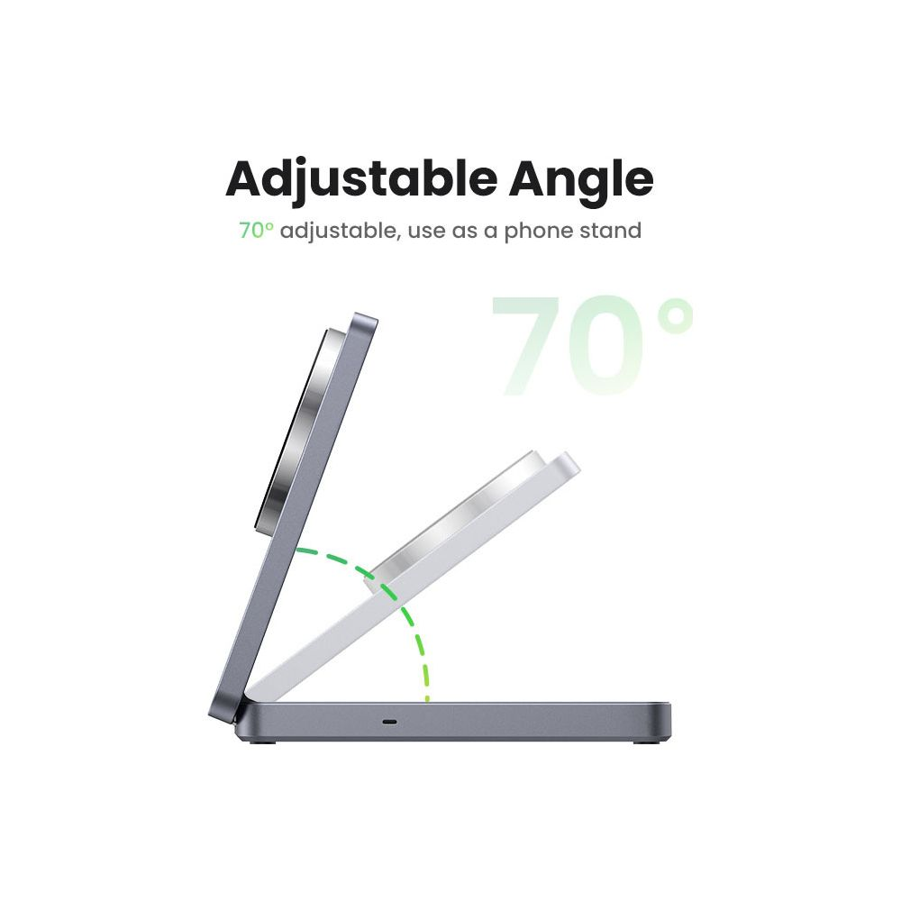 Szary stojak na telefon z regulowanym kątem 70 stopni na białym tle.