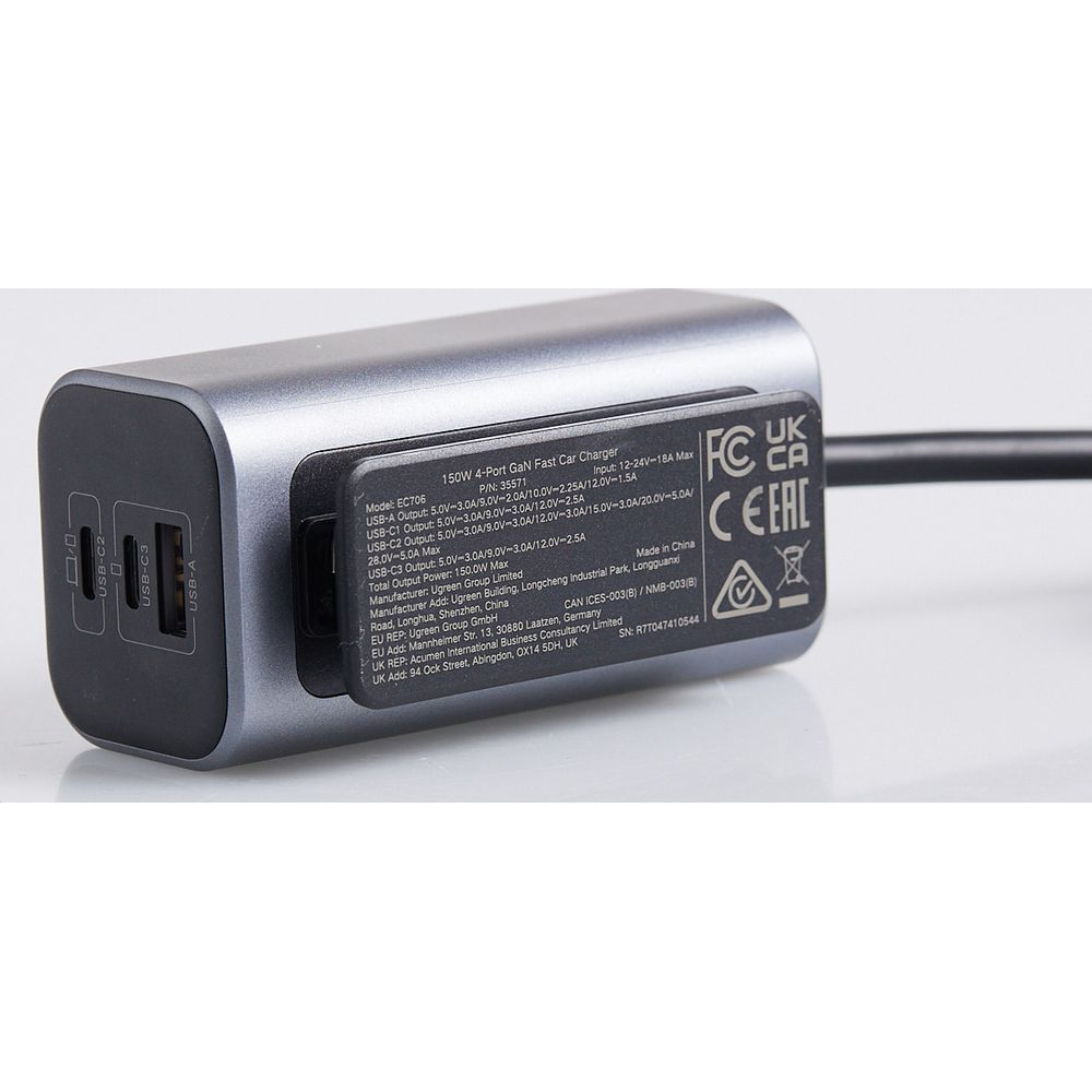 Szara ładowarka GaN 150W z 3 portami USB-C i 1 USB-A.