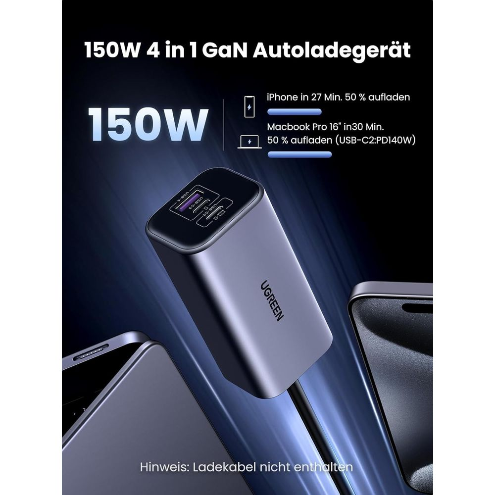 Szara ładowarka UGREEN 150W GaN z wieloma portami, obok smartfonów.