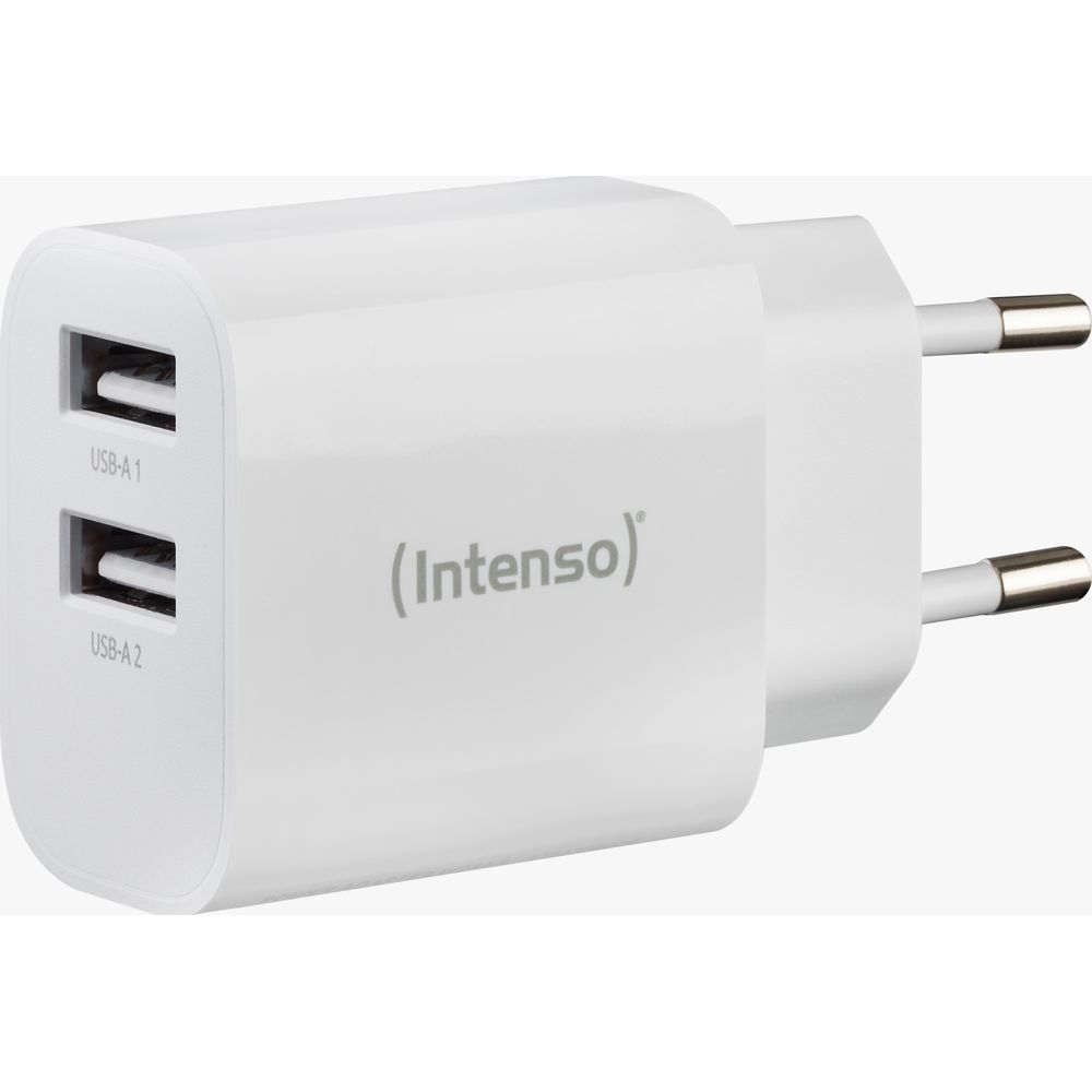 Un caricatore USB bianco con due porte USB-A e il logo Intenso.