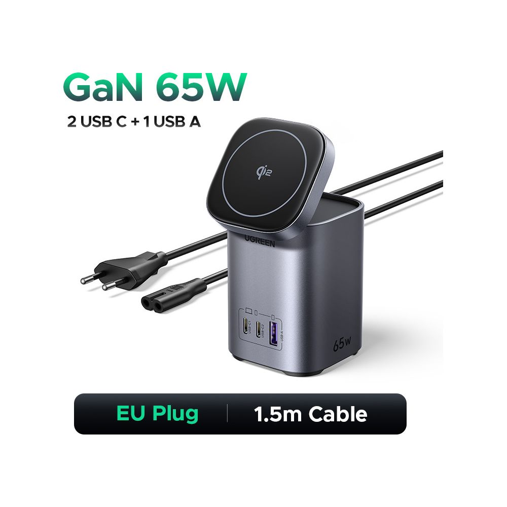 Szara ładowarka GaN 65W z 2 portami USB-C, 1 USB-A i ładowarką Qi.