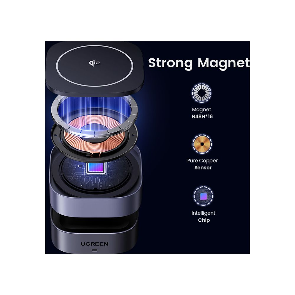 Widok rozstrzelony ładowarki bezprzewodowej pokazujący cewki i chip.