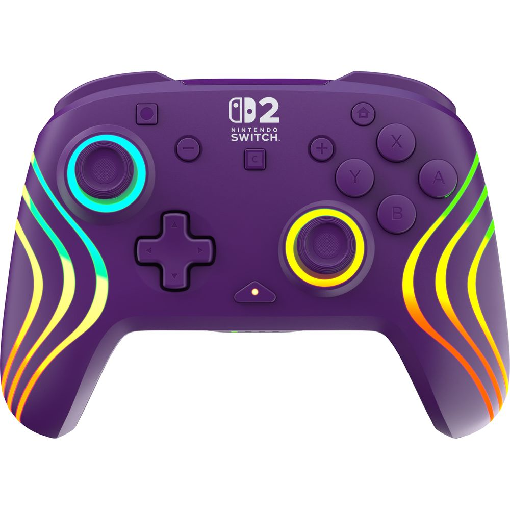 Controller viola Nintendo Switch con accenti luminosi colorati.