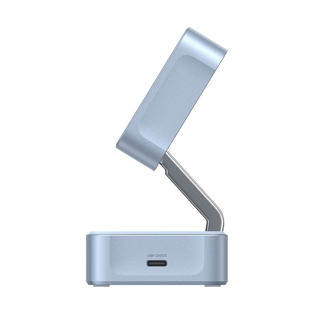 Niebieska ładowarka USB-C z regulowanym ramieniem i podstawą z portem USB-C.