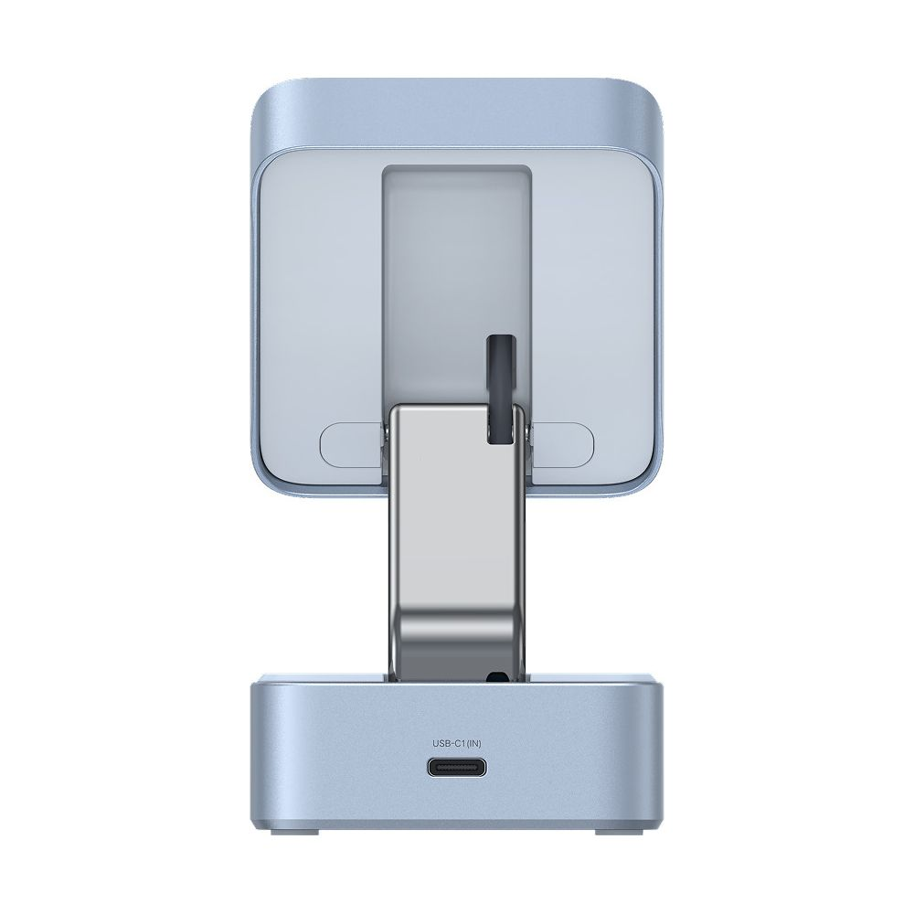 Widok z tyłu jasnoniebieskiego urządzenia z portem USB-C u podstawy.