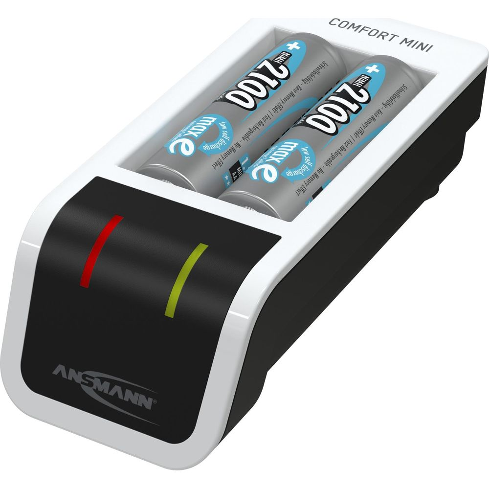 Ein Ansmann Comfort Mini Ladegerät mit zwei AA-Batterien und Ladeanzeigen.