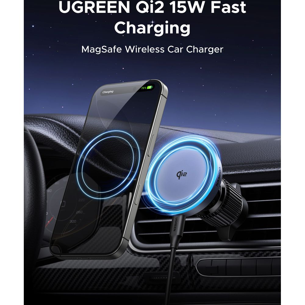 iPhone ładuje się na bezprzewodowej ładowarce samochodowej Qi2.