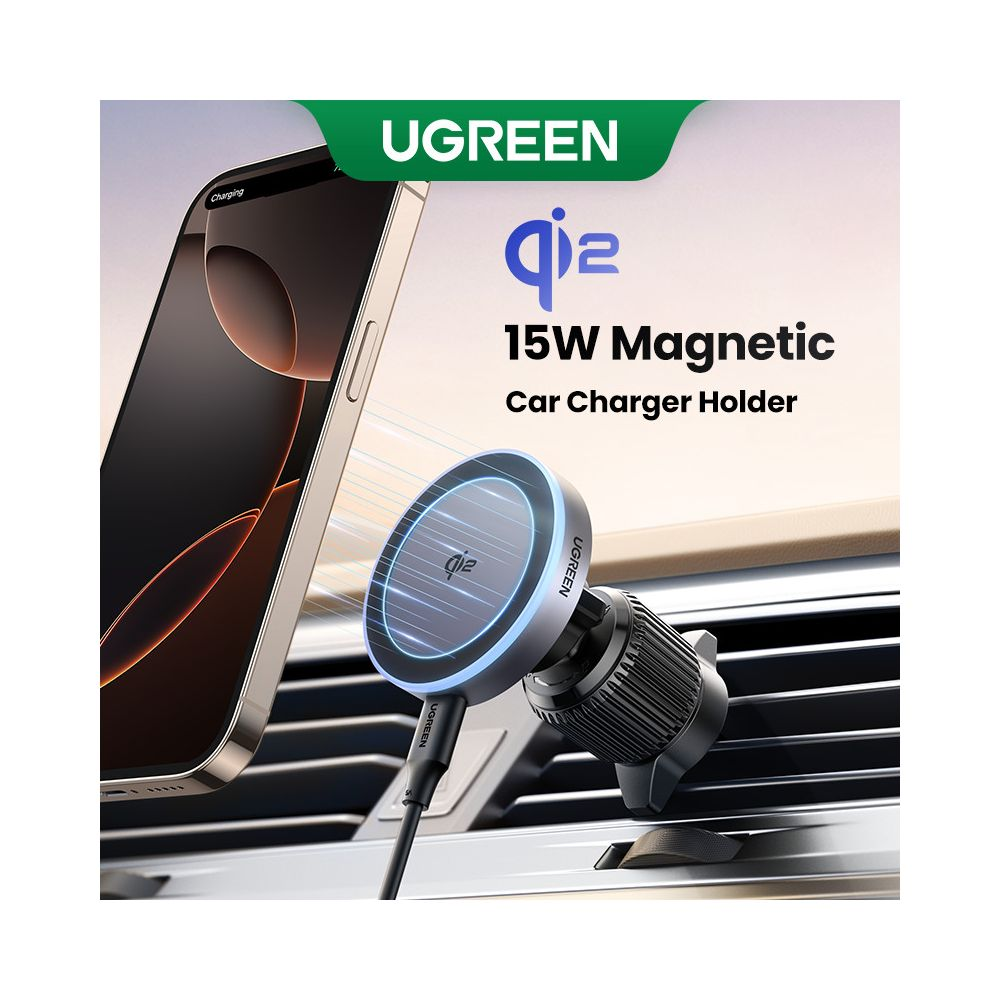Magnetyczny uchwyt ładowarki samochodowej UGREEN Qi2 15W mocowany do nawiewu, trzymający telefon.