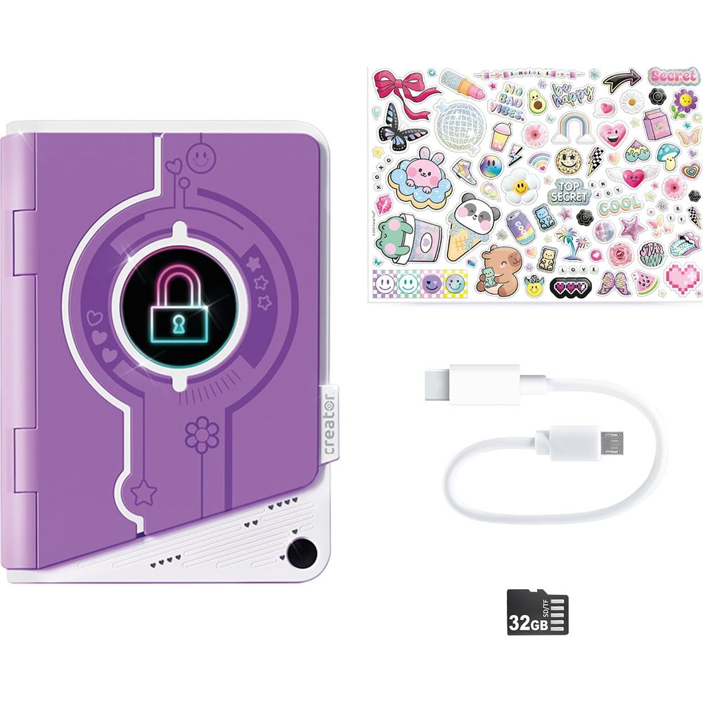 Diario morado con candado, pegatinas, cable USB y tarjeta SD de 32 GB.