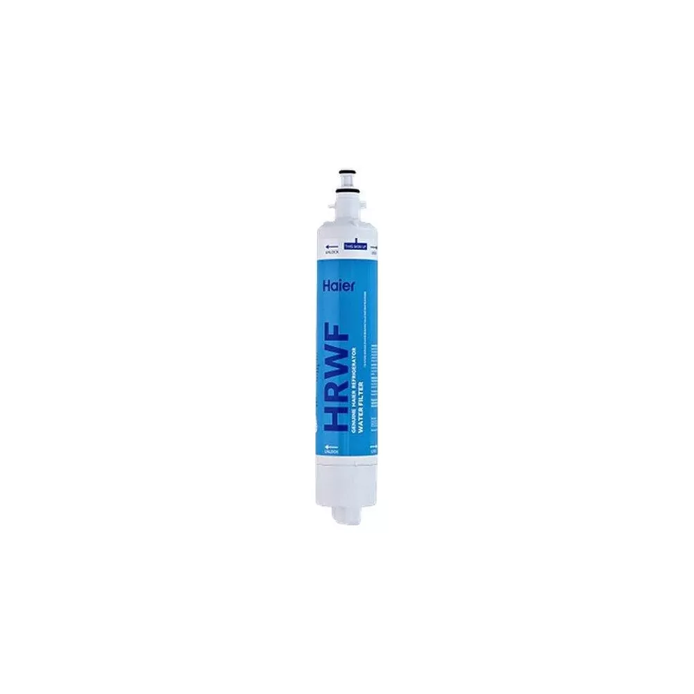 Ein blauer Haier HRWF Wasserfilter für Kühlschränke auf weißem Hintergrund.