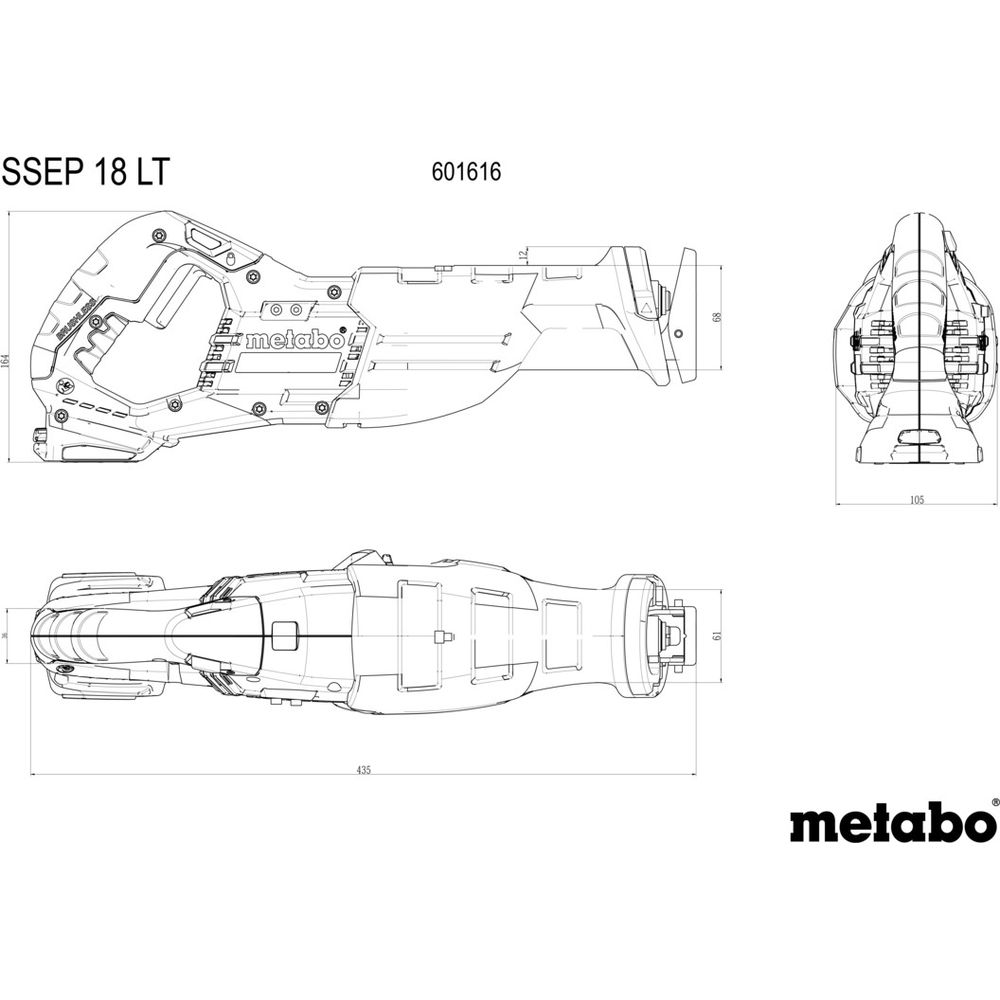 Technische Zeichnung eines Säbelsäge-Modells SSEP 18 LT von Metabo.