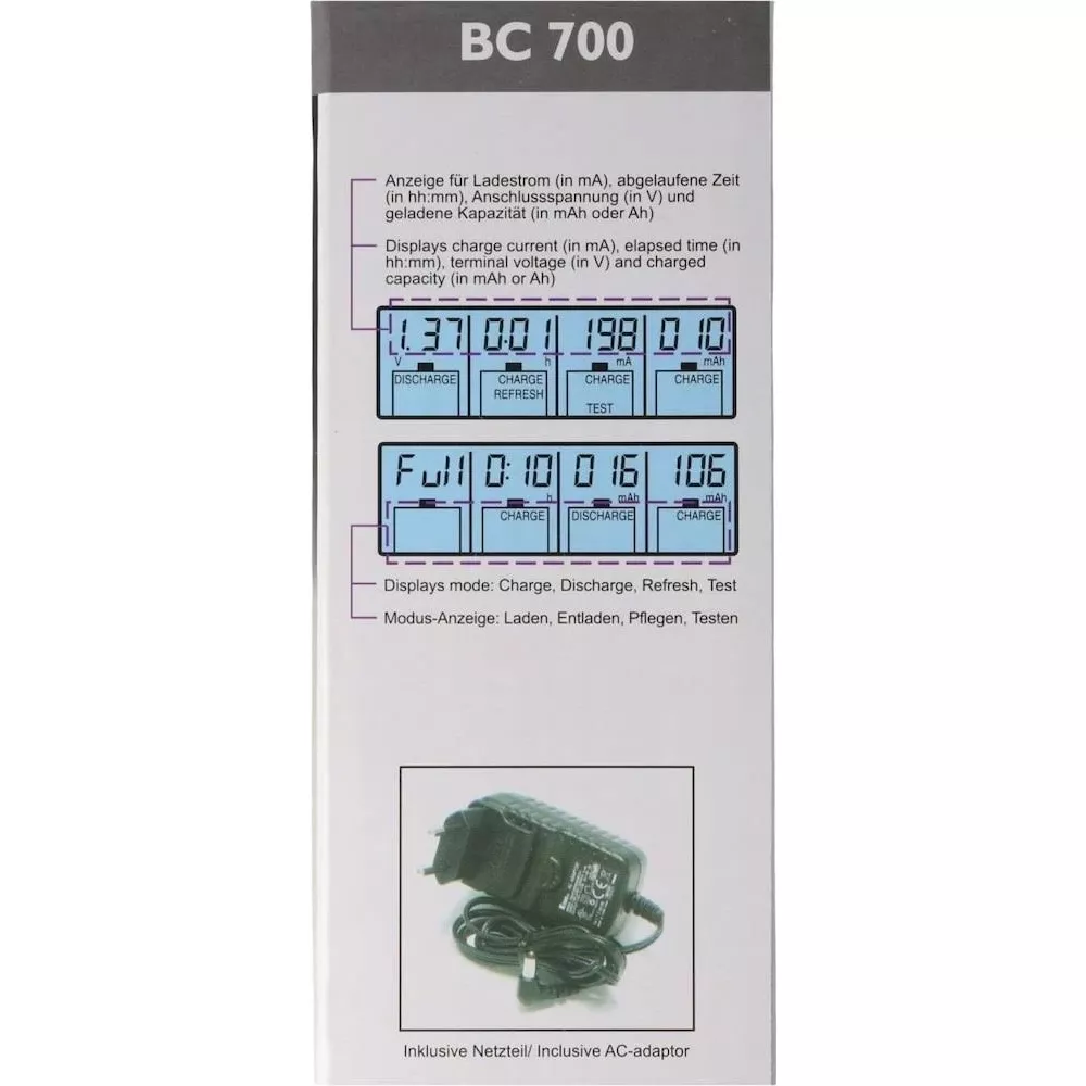 BC 700 Ladegerät mit zwei Displays und Netzteil. Zeigt Lade-/Entladestrom, Spannung und Kapazität.