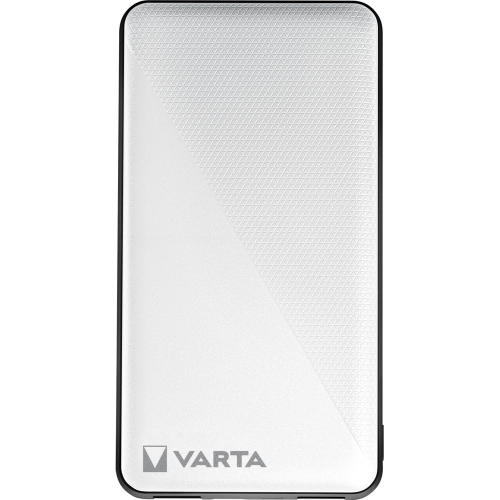 Weißes Varta Powerbank mit Muster und Logo.