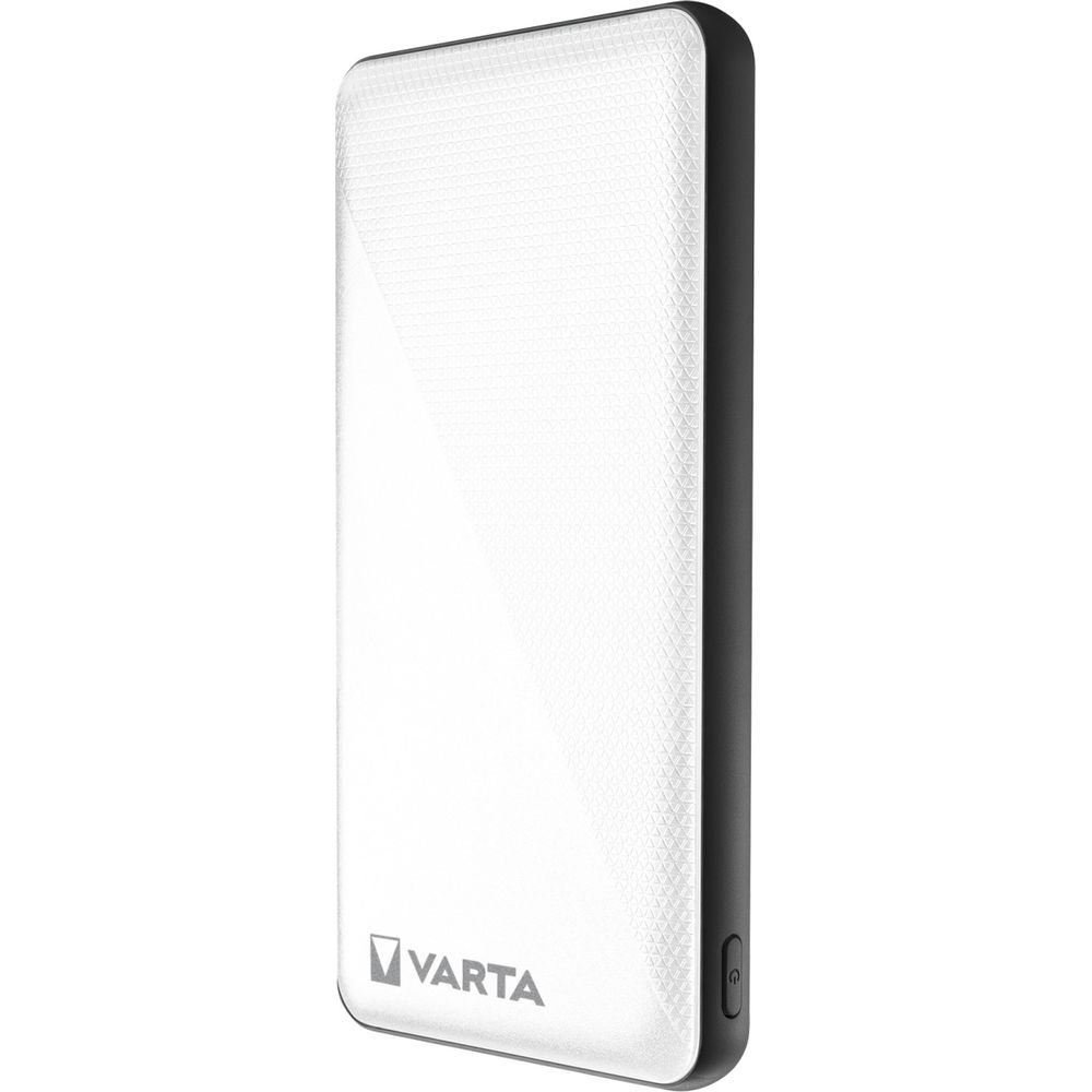 Weiße Powerbank mit Varta-Logo und schwarzem Rand.