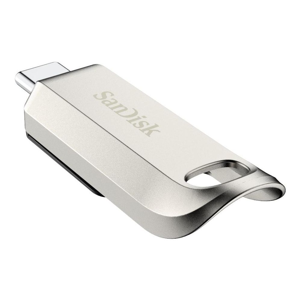 Silberner USB-Stick mit SanDisk-Logo und Schlaufe.