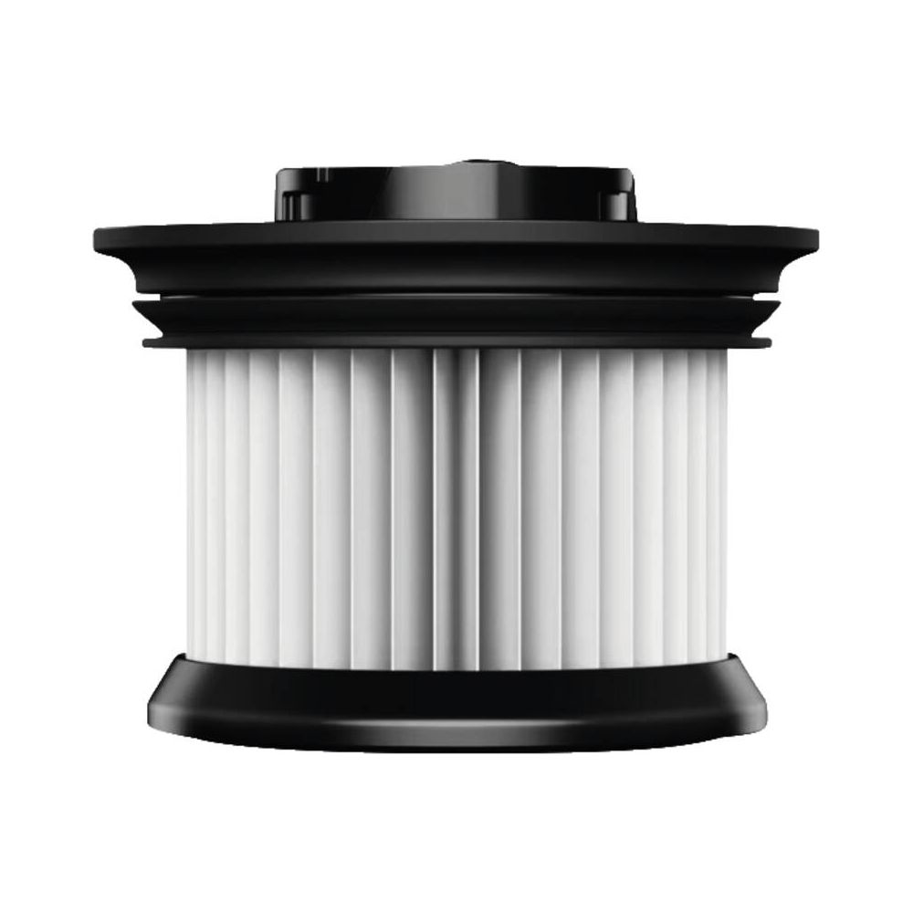 Cylindryczny czarny filtr odkurzacza z białymi fałdami.
