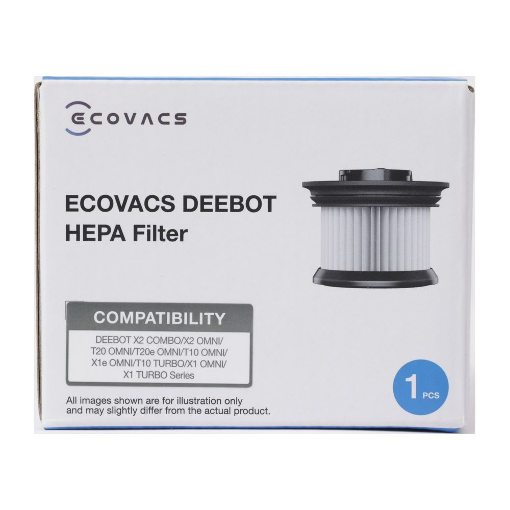 Pudełko filtra HEPA ECOVACS DEEBOT z obrazem filtra i listą kompatybilności.
