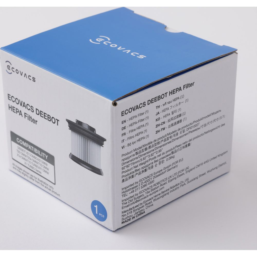 Pudełko filtra HEPA ECOVACS DEEBOT z obrazem produktu i wielojęzycznymi informacjami.