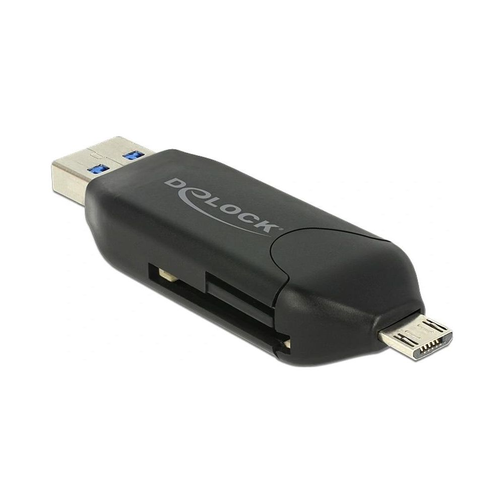 Lettore di schede nero marca Delock con porte USB-A e Micro-USB.