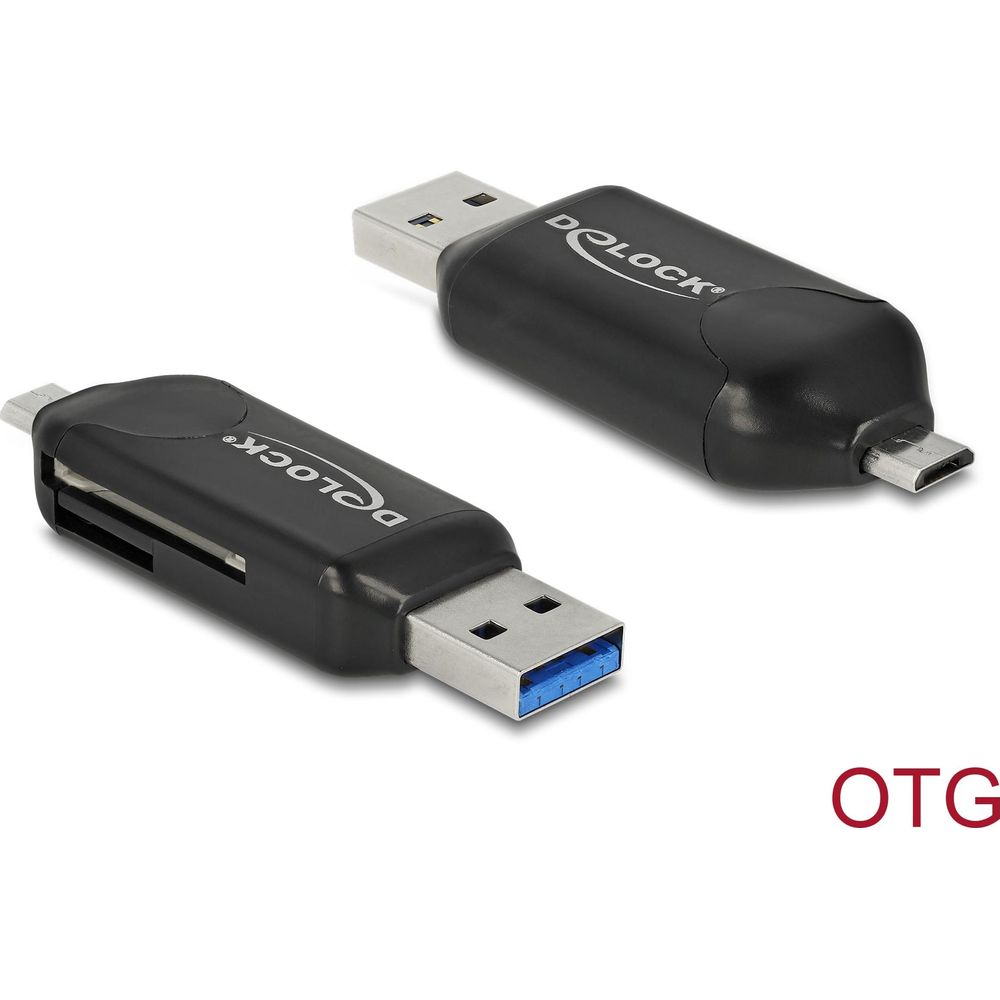 Due adattatori neri Delock con connettori USB-A e USB-C. Testo OTG.